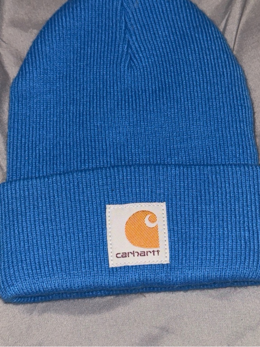 Carhartt Kids Rib Knit Beanie - Bright Blue with Orange Logo